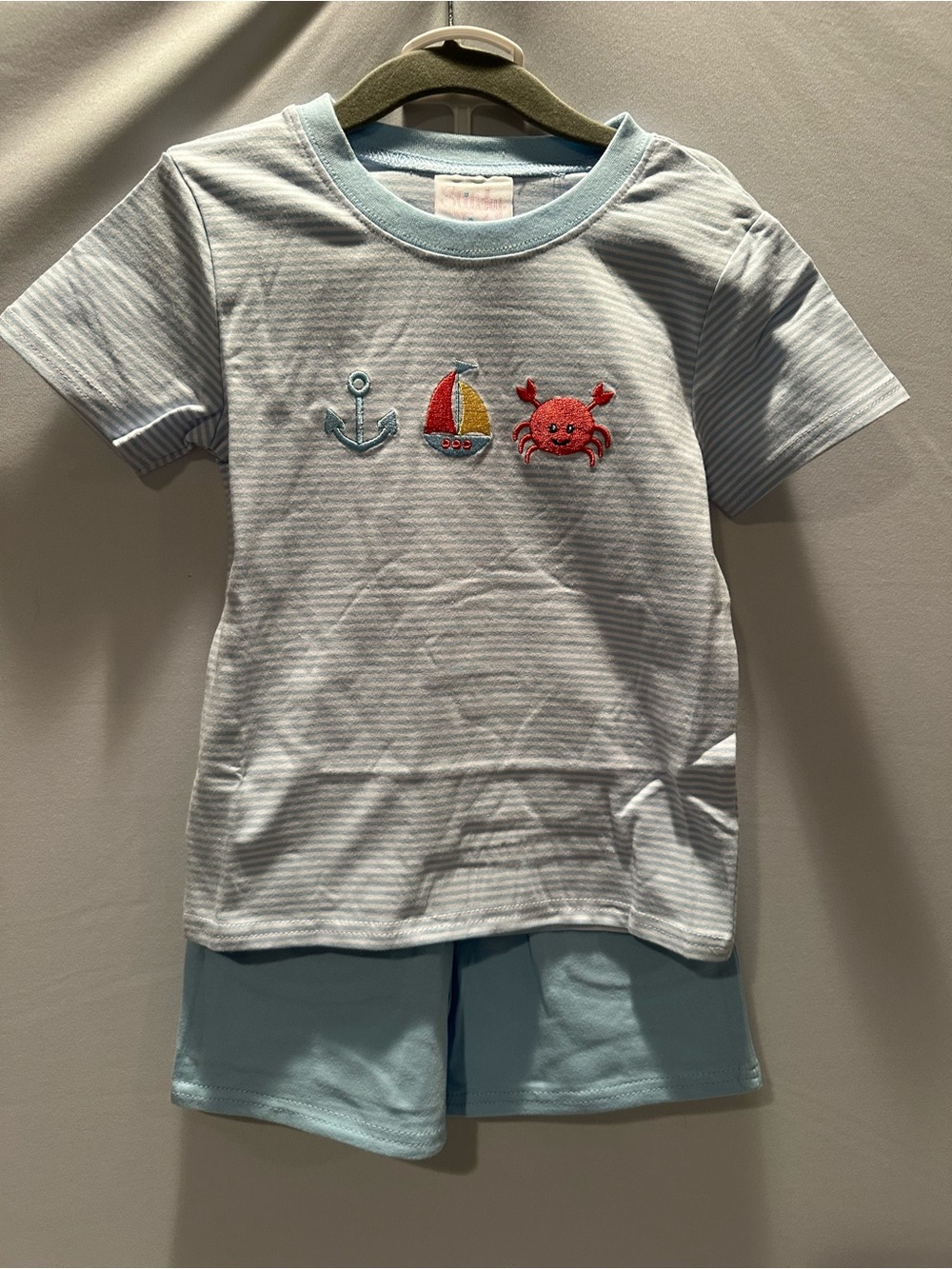 Light Blue Striped Kids Tee and Shorts with Nautical Embroidery